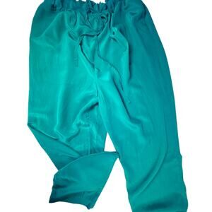 💚 Vintage Emerald Green Real Silk Drawstring Pants – 80s/90s